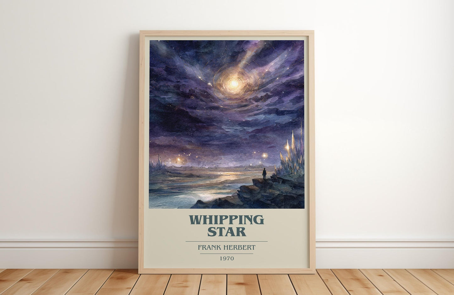 Whipping Star book cover print in frame leaning in hallway – sci fi wall art