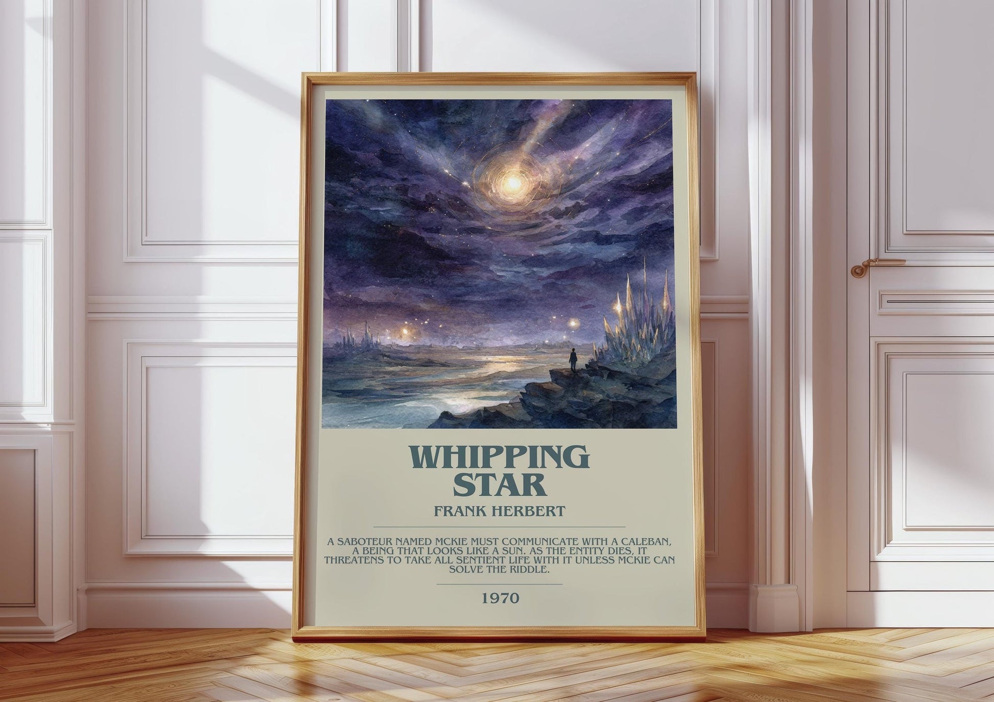 Whipping Star bookish print in frame leaning in hallway – sci fi wall art