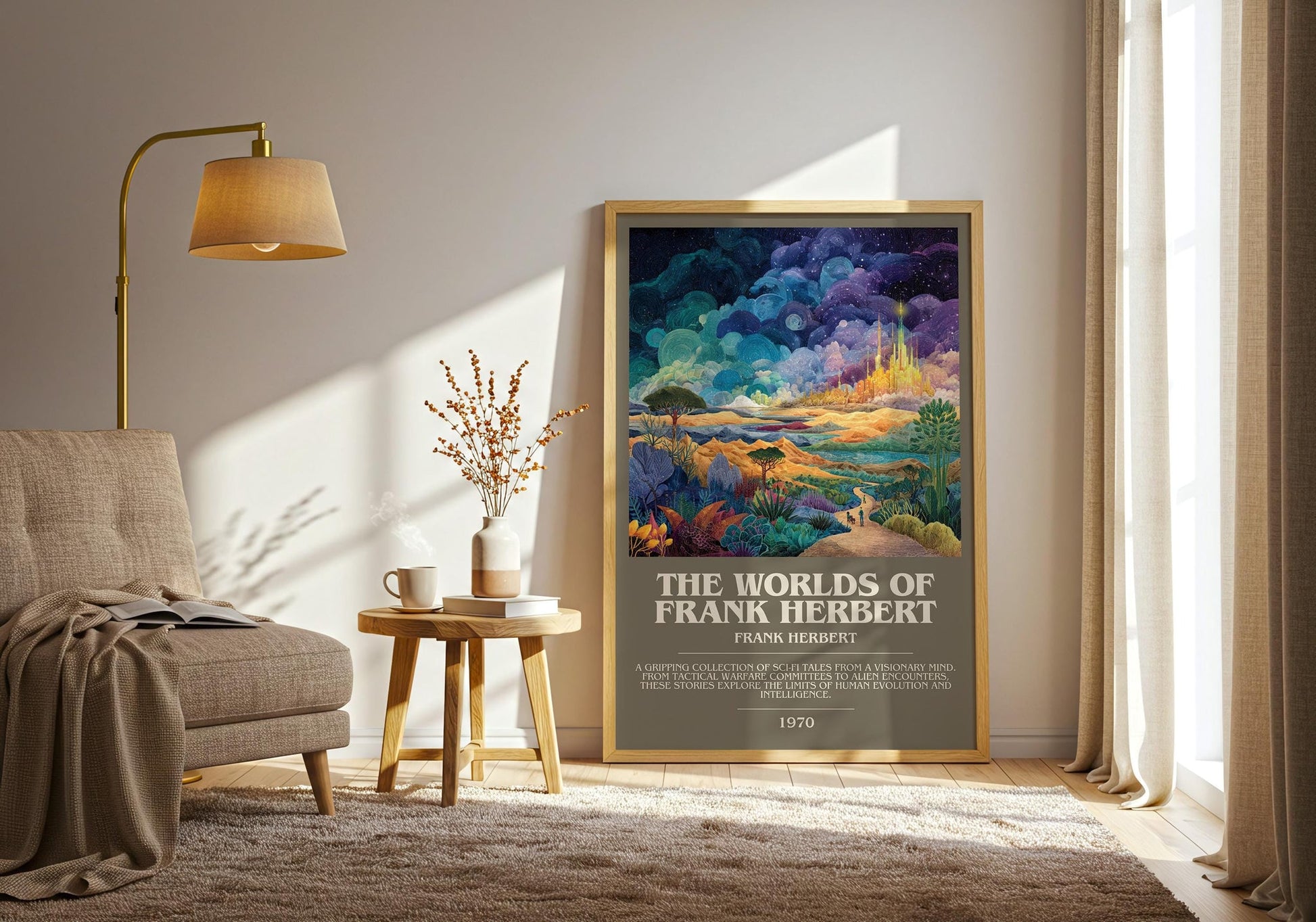 The Worlds of Frank Herbert bookish print on bookshelf – Frank Herbert fan gift
