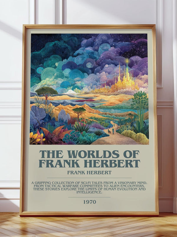 The Worlds of Frank Herbert bookish print in frame leaning in hallway – sci fi wall art