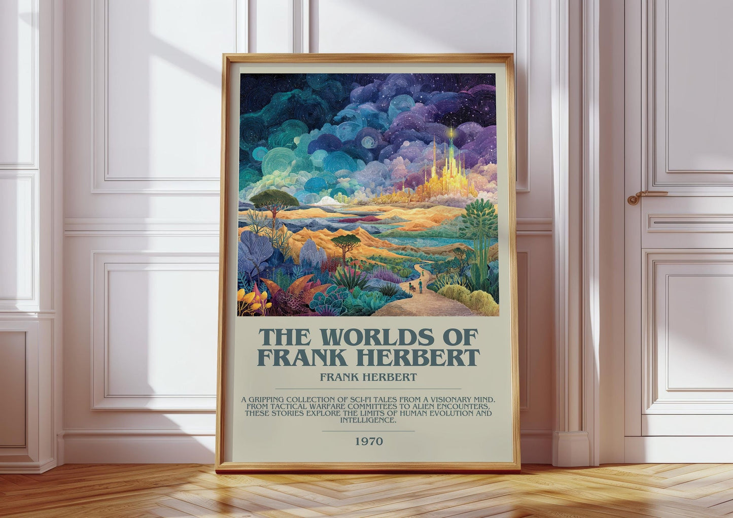The Worlds of Frank Herbert bookish print in frame leaning in hallway – sci fi wall art