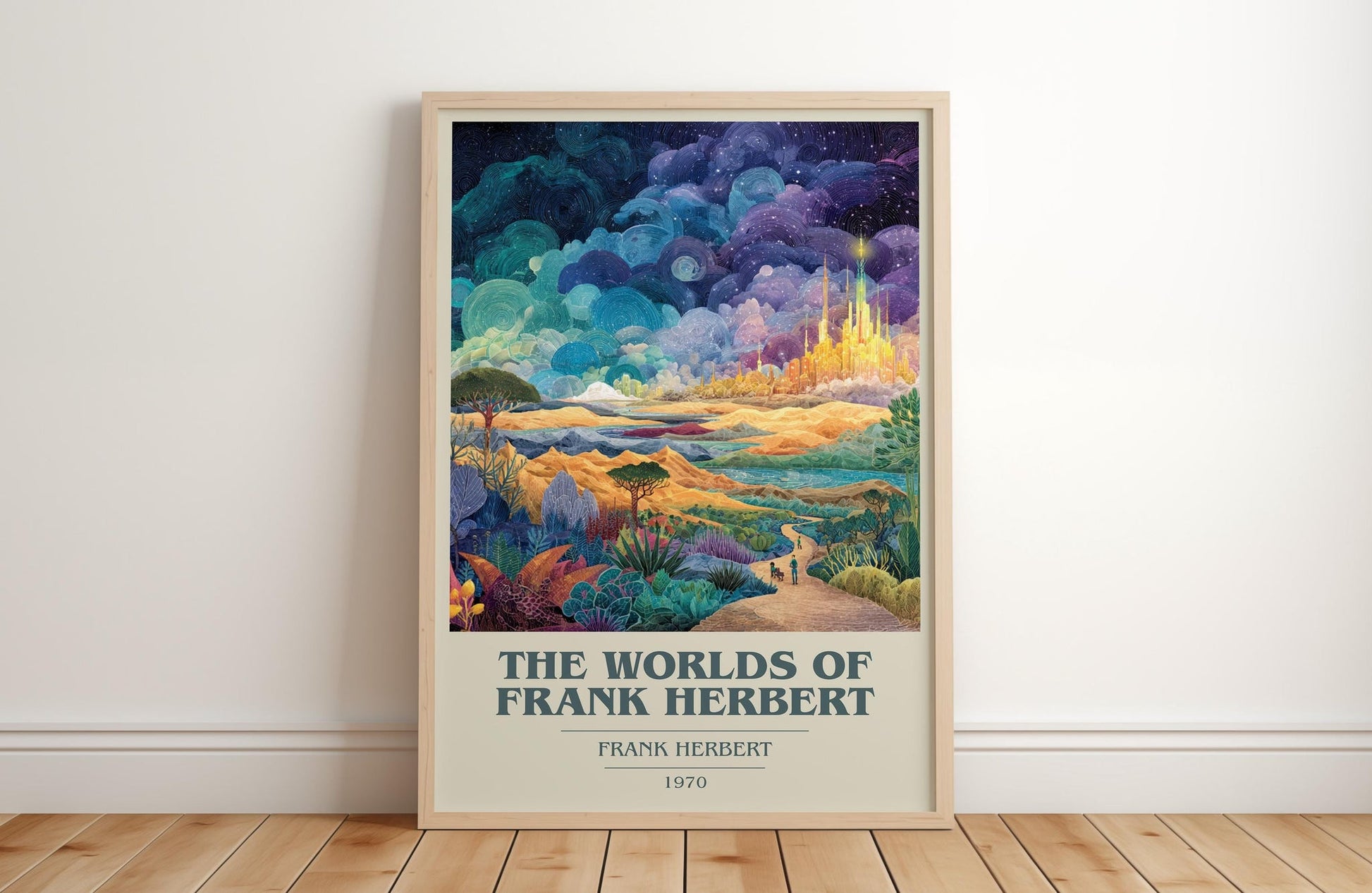 The Worlds of Frank Herbert book cover print in frame leaning in hallway – sci fi wall art