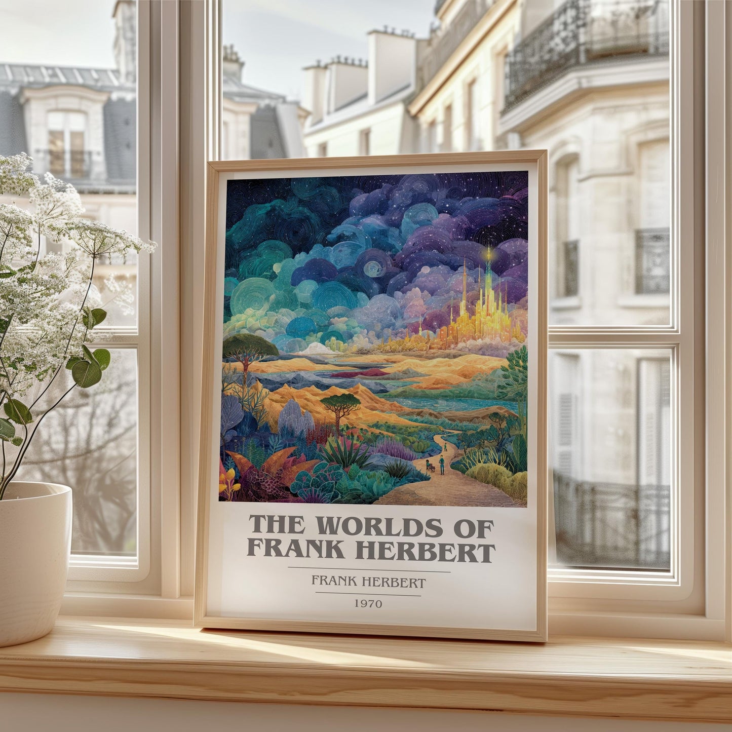 The Worlds of Frank Herbert book cover print framed by window – literary home decor