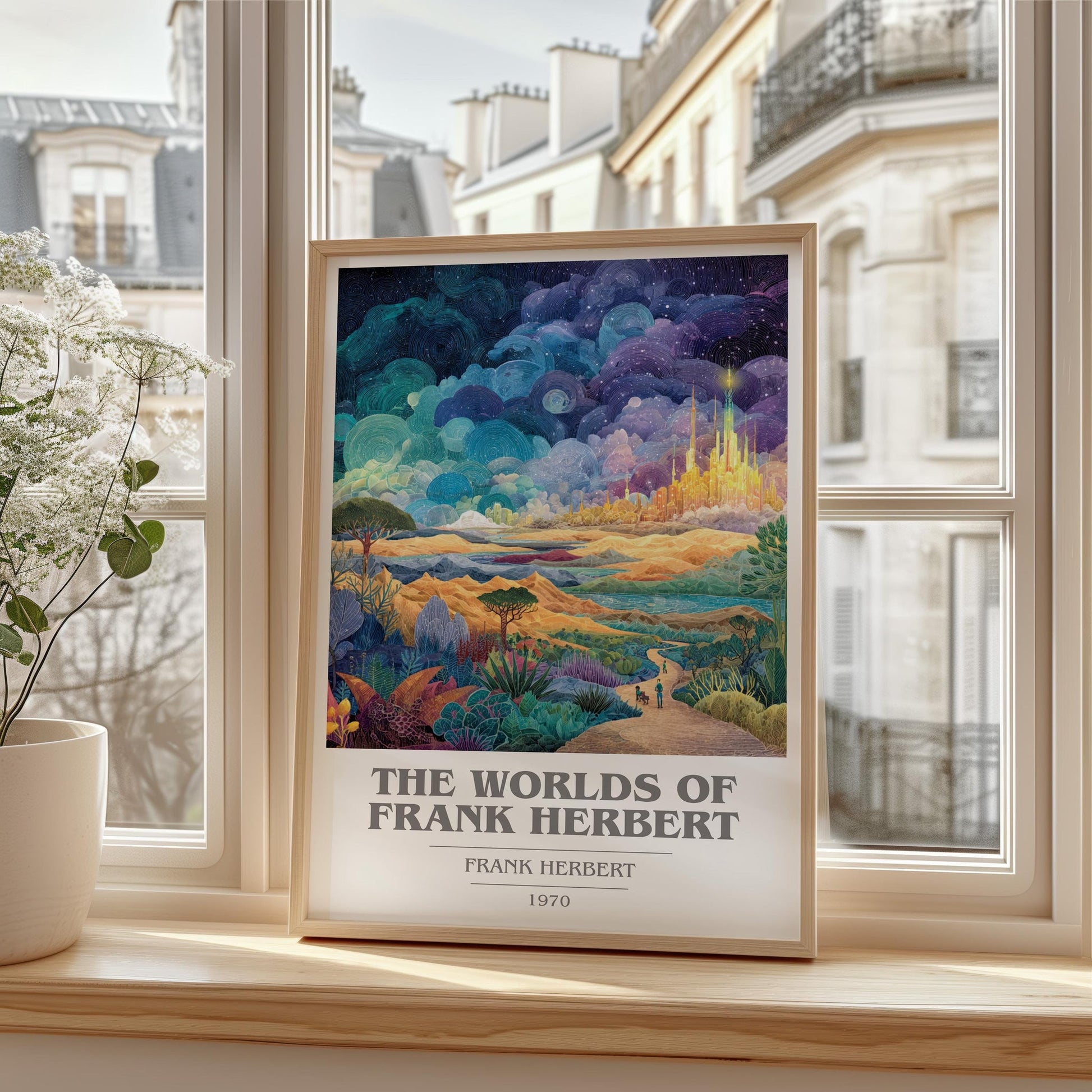 The Worlds of Frank Herbert book cover print framed by window – literary home decor