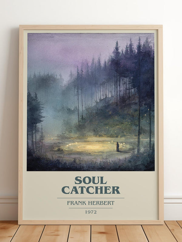 Soul Catcher book cover print in frame leaning in hallway – sci fi wall art
