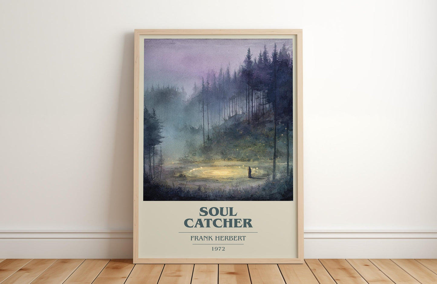 Soul Catcher book cover print in frame leaning in hallway – sci fi wall art