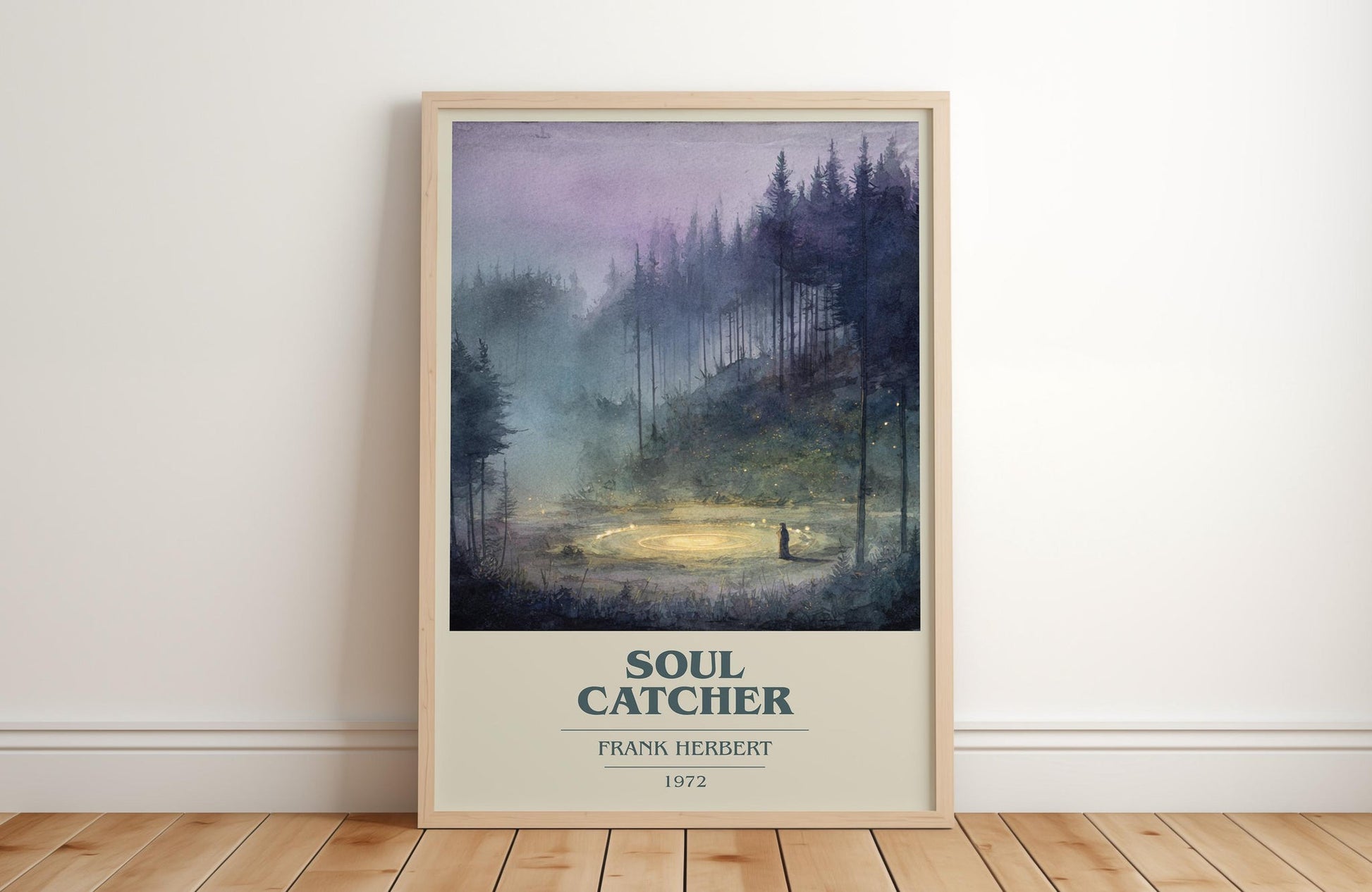 Soul Catcher book cover print in frame leaning in hallway – sci fi wall art