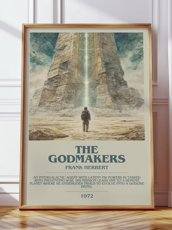 The Godmakers bookish print in frame leaning in hallway – historical fiction wall art