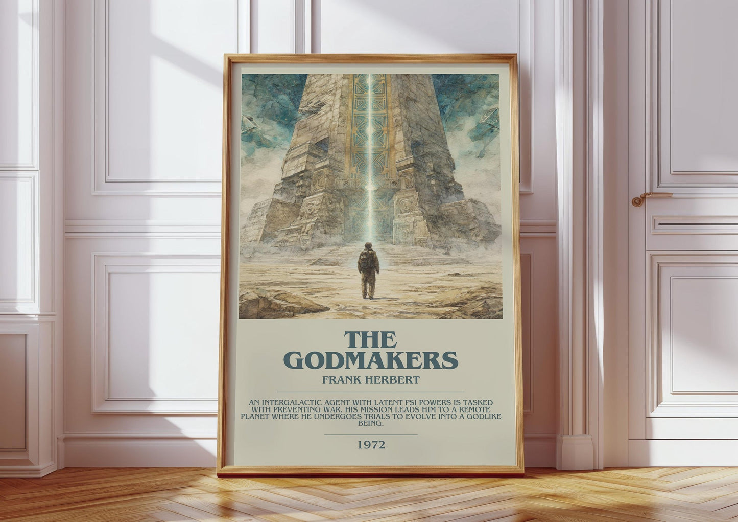 The Godmakers bookish print in frame leaning in hallway – historical fiction wall art