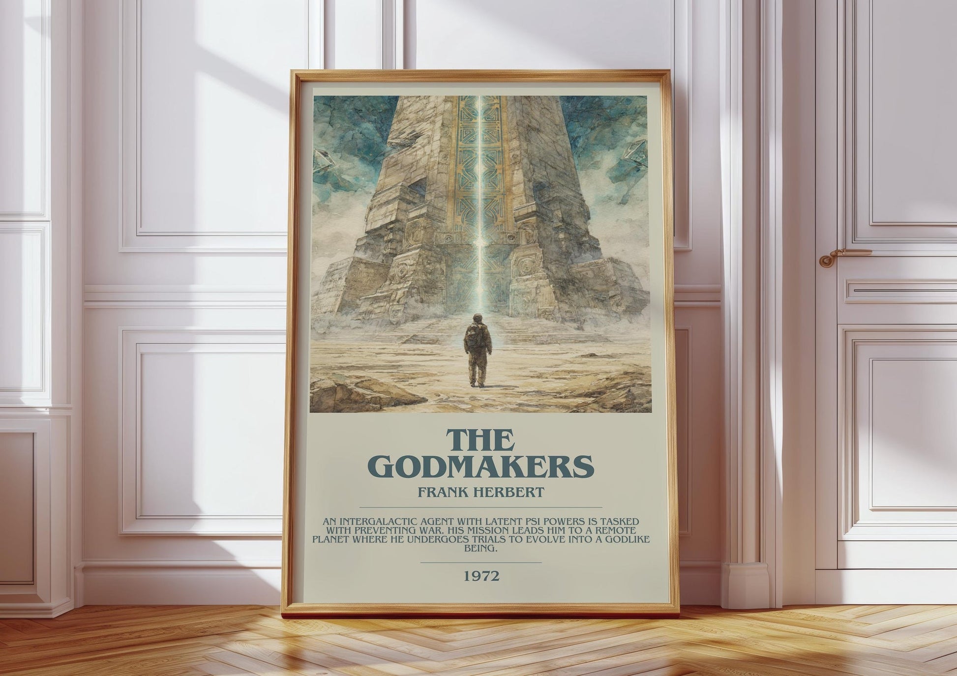 The Godmakers bookish print in frame leaning in hallway – historical fiction wall art