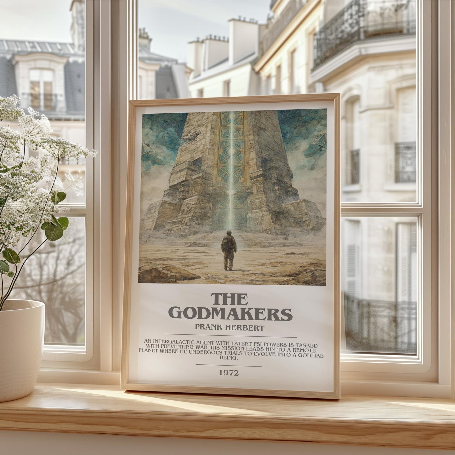 The Godmakers bookish print framed by window – literary home decor