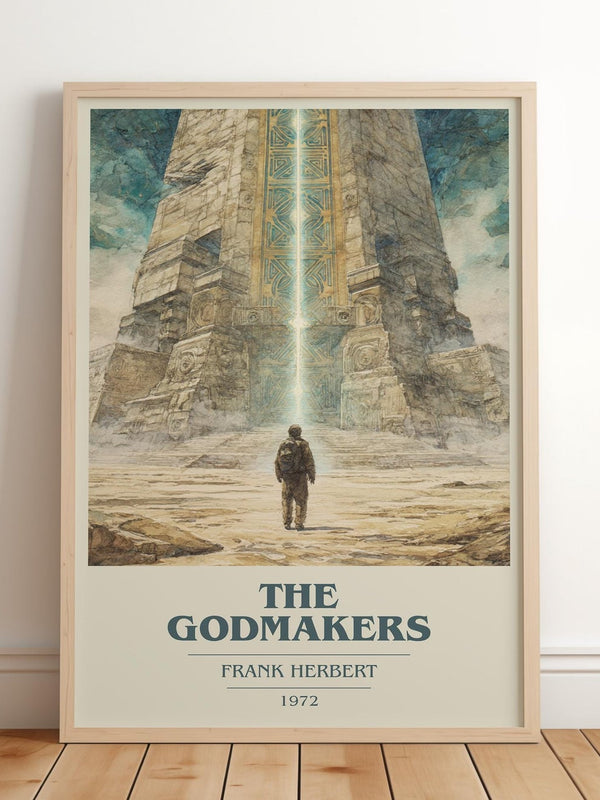 The Godmakers book cover print in frame leaning in hallway – historical fiction wall art
