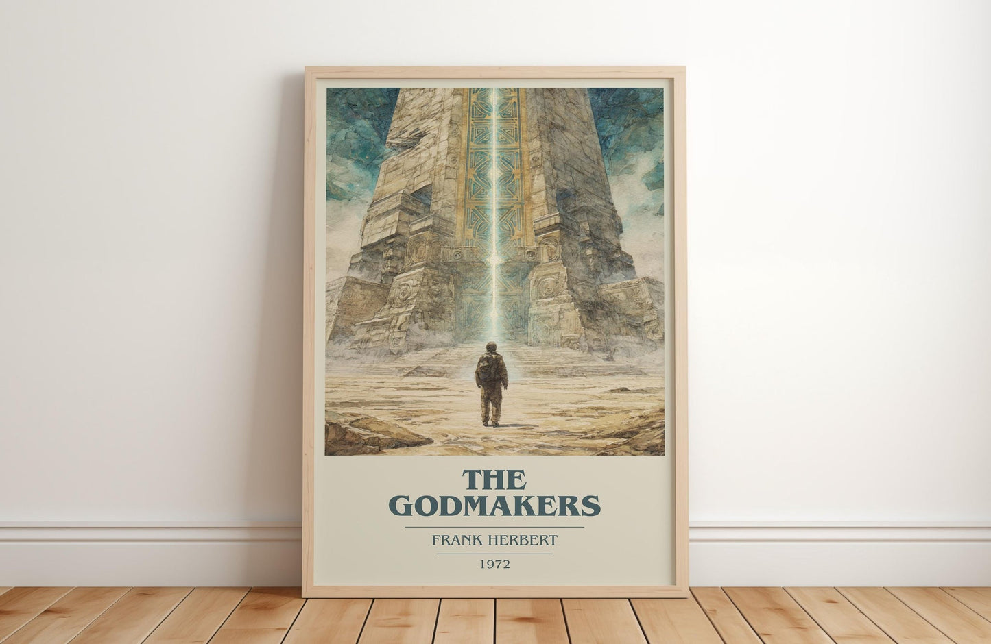 The Godmakers book cover print in frame leaning in hallway – historical fiction wall art