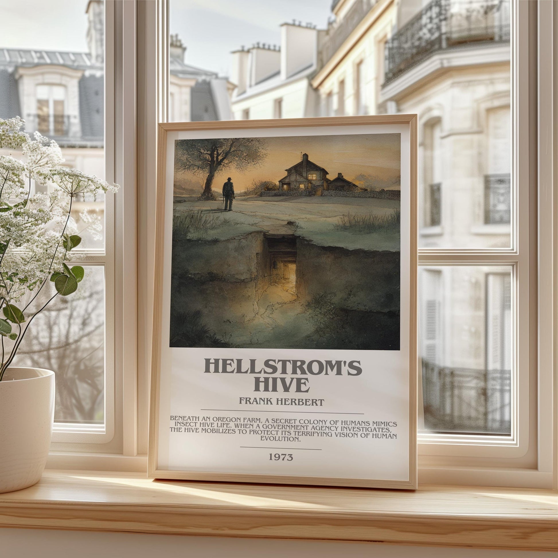 Hellstrom's Hive bookish print framed by window – literary home decor