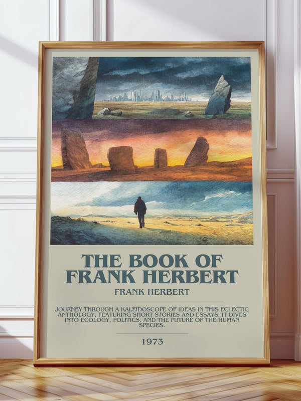 The Book of Frank Herbert bookish print in frame leaning in hallway – sci fi wall art