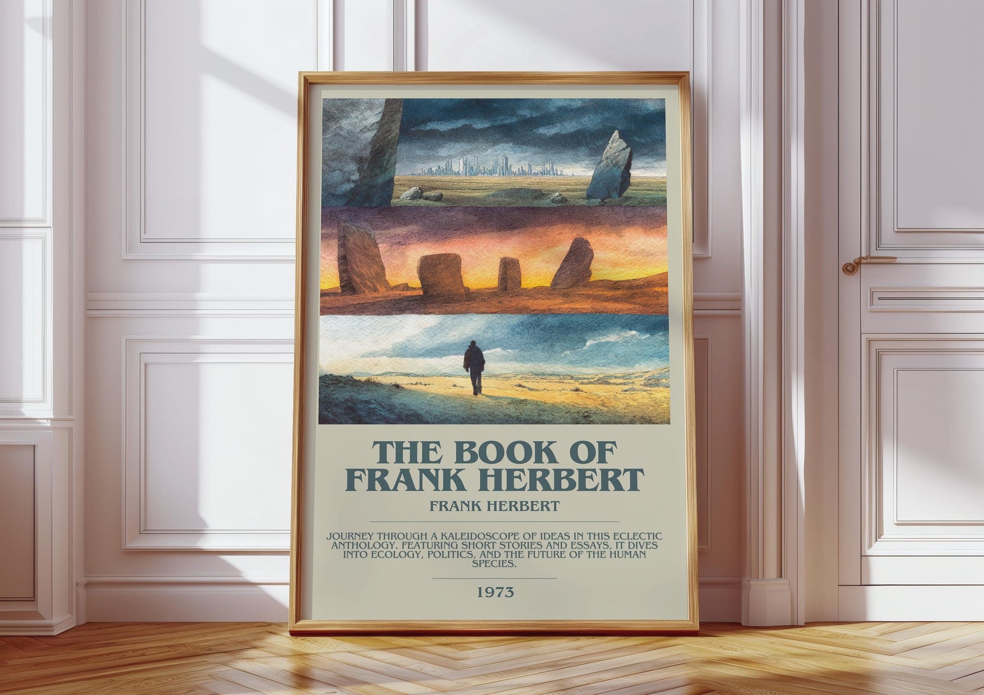 The Book of Frank Herbert bookish print in frame leaning in hallway – sci fi wall art