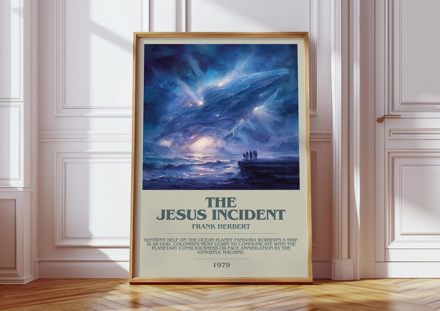 The Jesus Incident bookish print in frame leaning in hallway – romance wall art