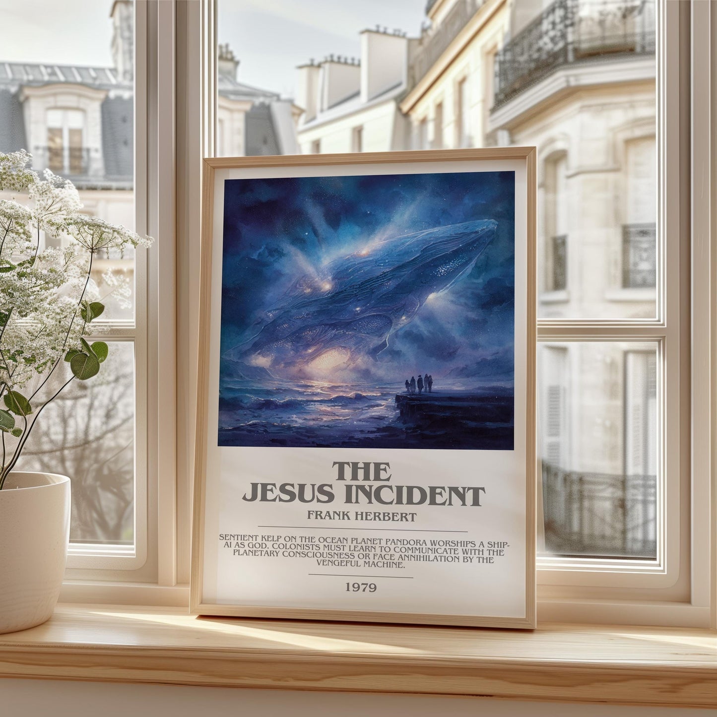 The Jesus Incident bookish print framed by window – literary home decor