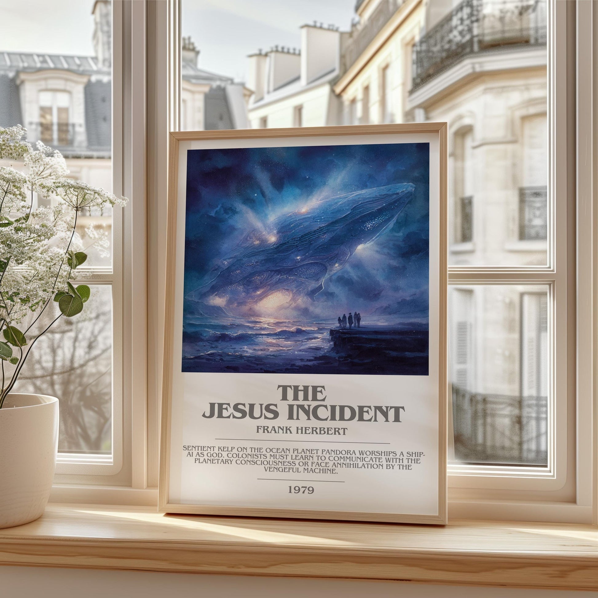 The Jesus Incident bookish print framed by window – literary home decor