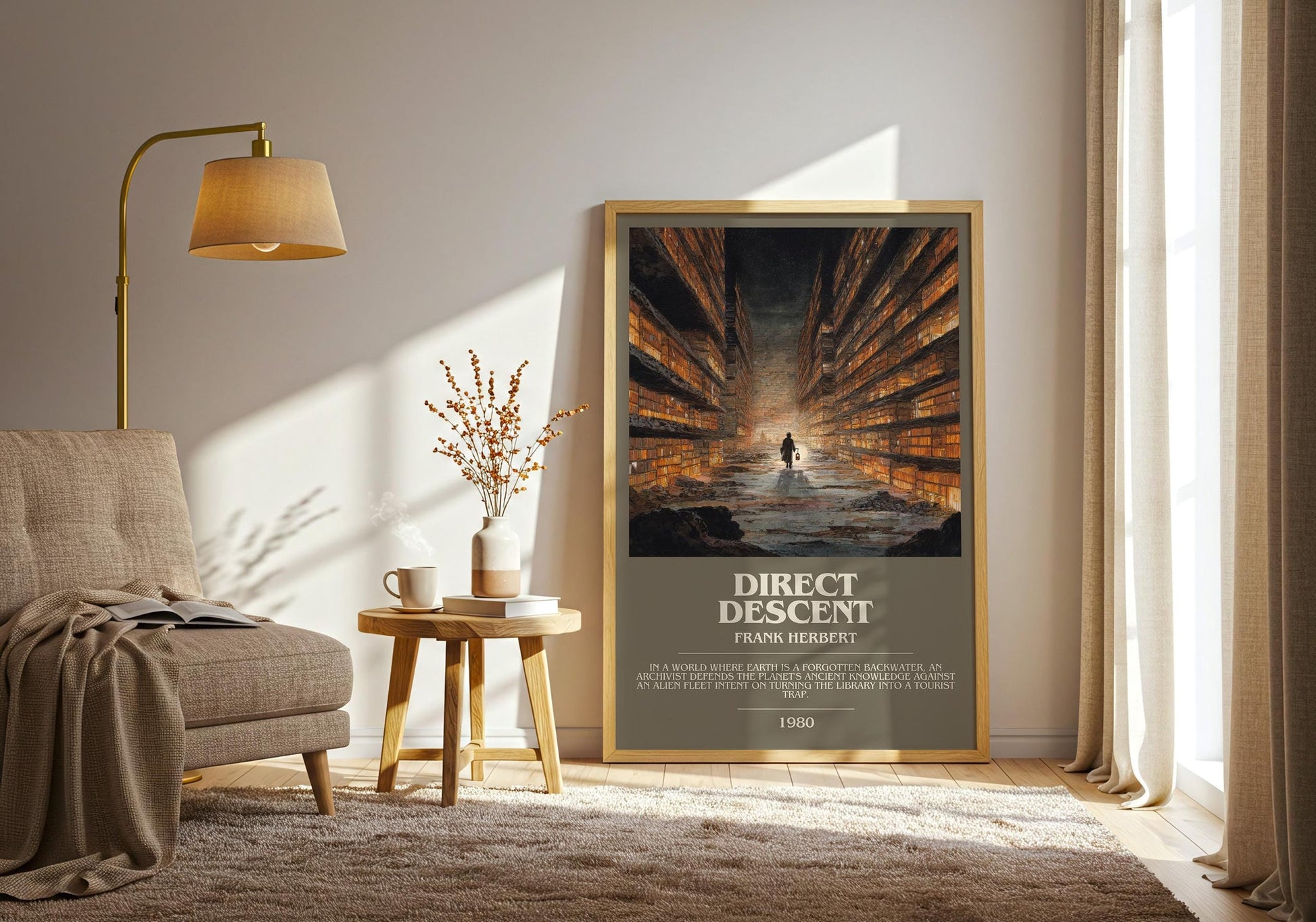 Direct Descent bookish print on bookshelf – Frank Herbert fan gift
