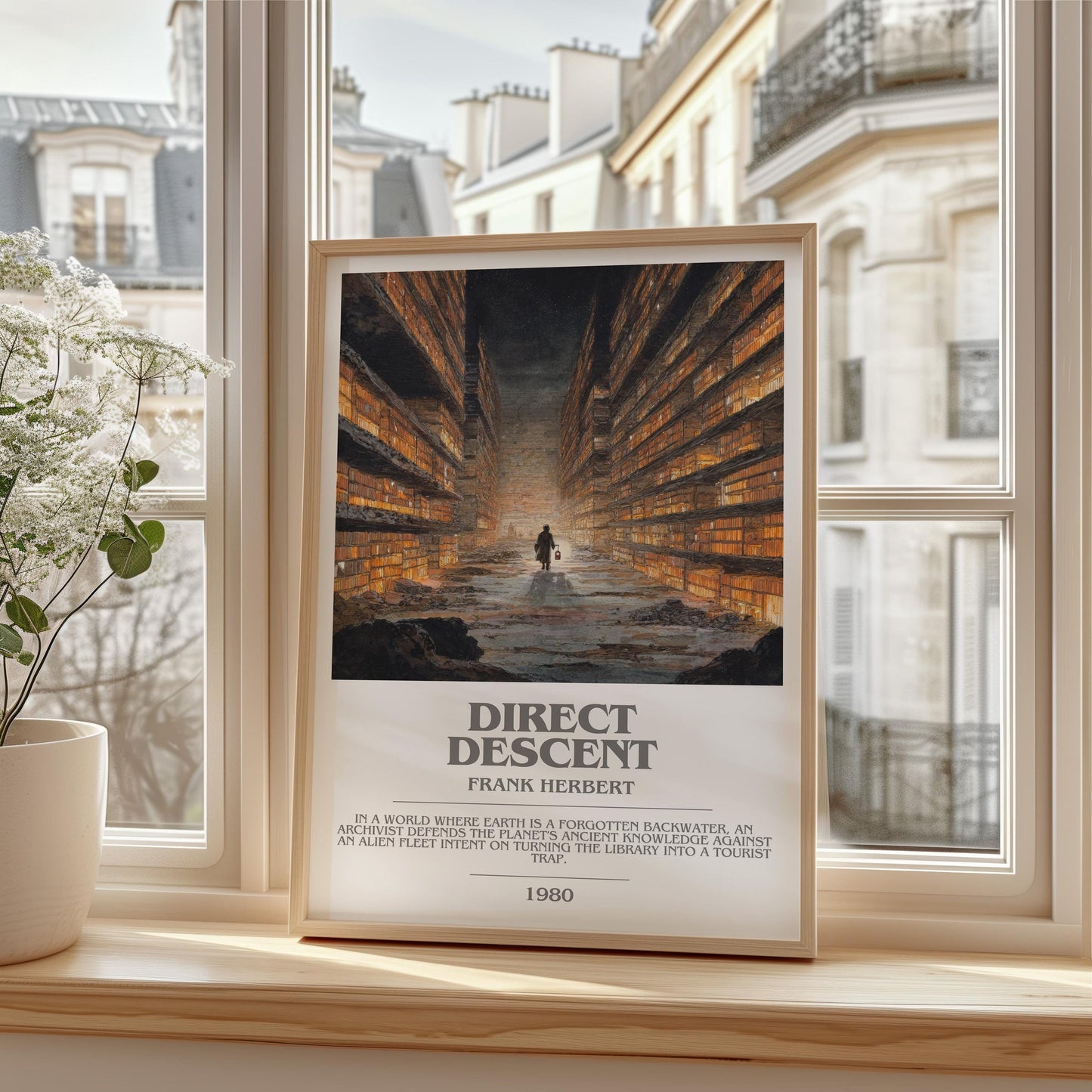 Direct Descent bookish print framed by window – literary home decor