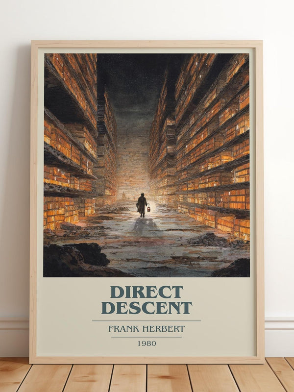 Direct Descent book cover print in frame leaning in hallway – sci fi wall art