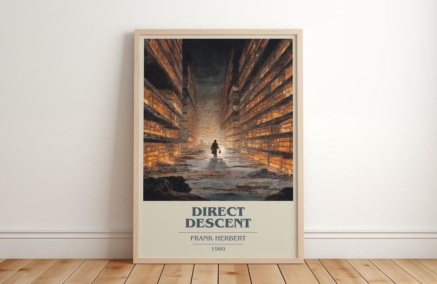 Direct Descent book cover print in frame leaning in hallway – sci fi wall art