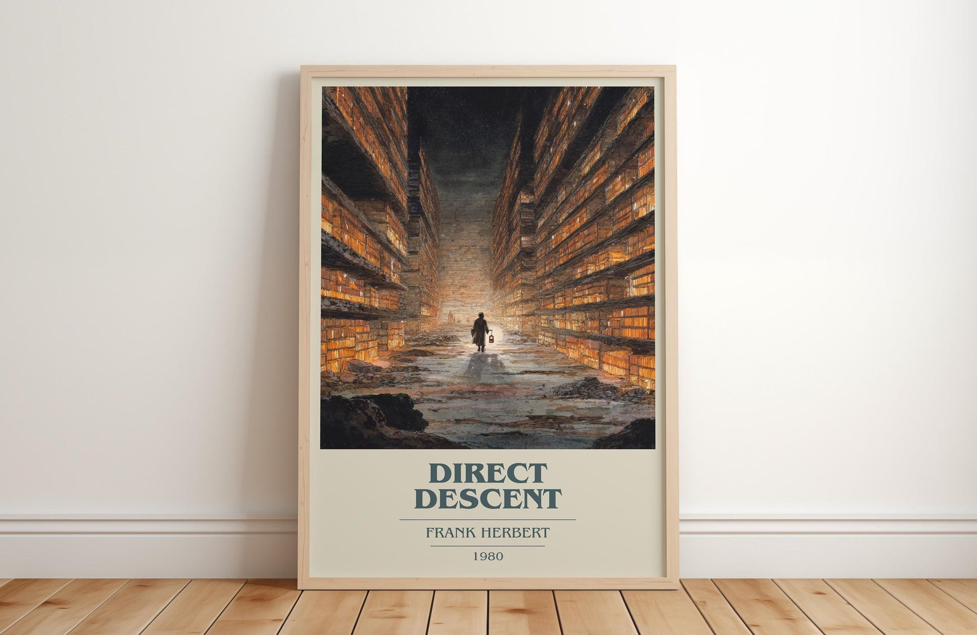 Direct Descent book cover print in frame leaning in hallway – sci fi wall art