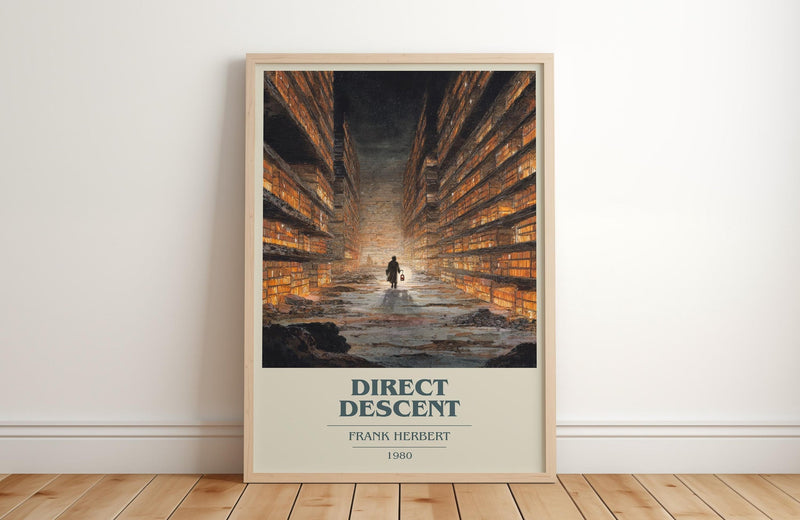 Direct Descent book cover print in frame leaning in hallway – sci fi wall art