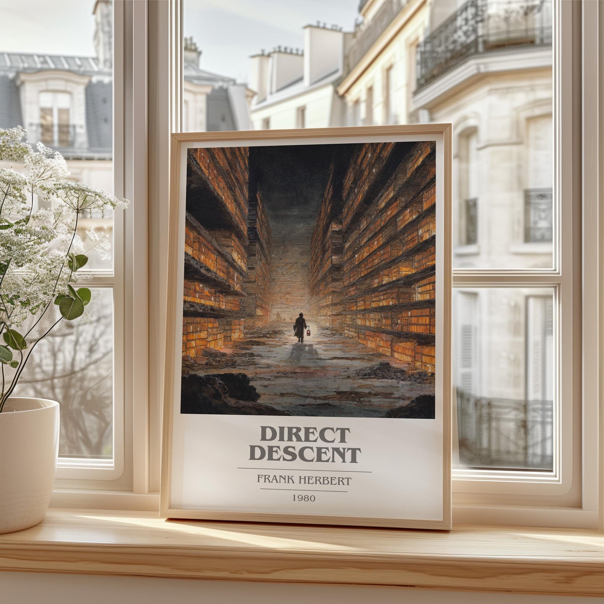 Direct Descent book cover print framed by window – literary home decor