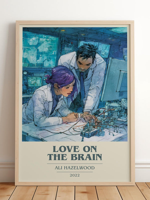 Love on the Brain book cover print in frame leaning in hallway – romance wall art