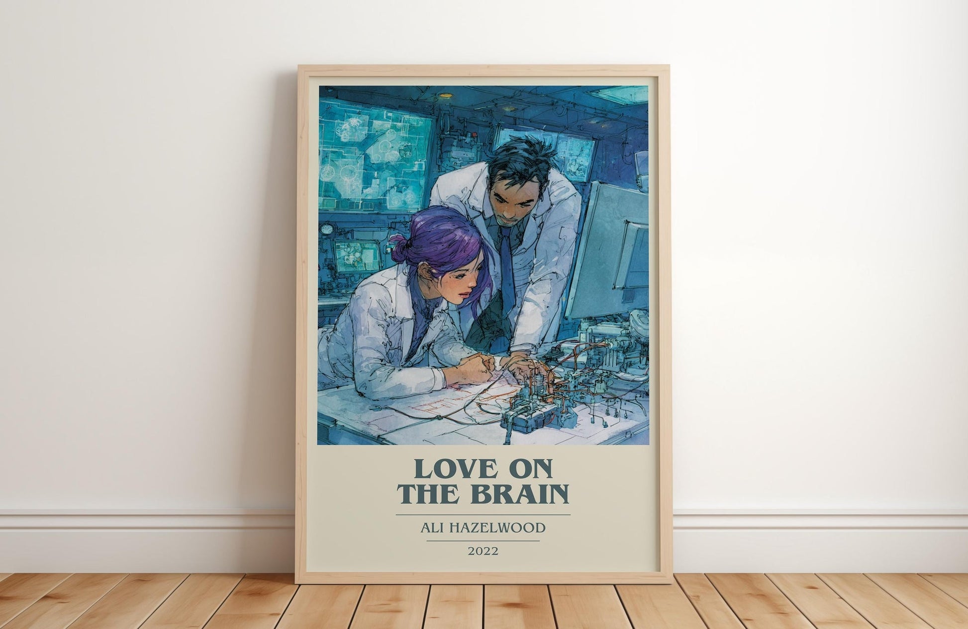 Love on the Brain book cover print in frame leaning in hallway – romance wall art