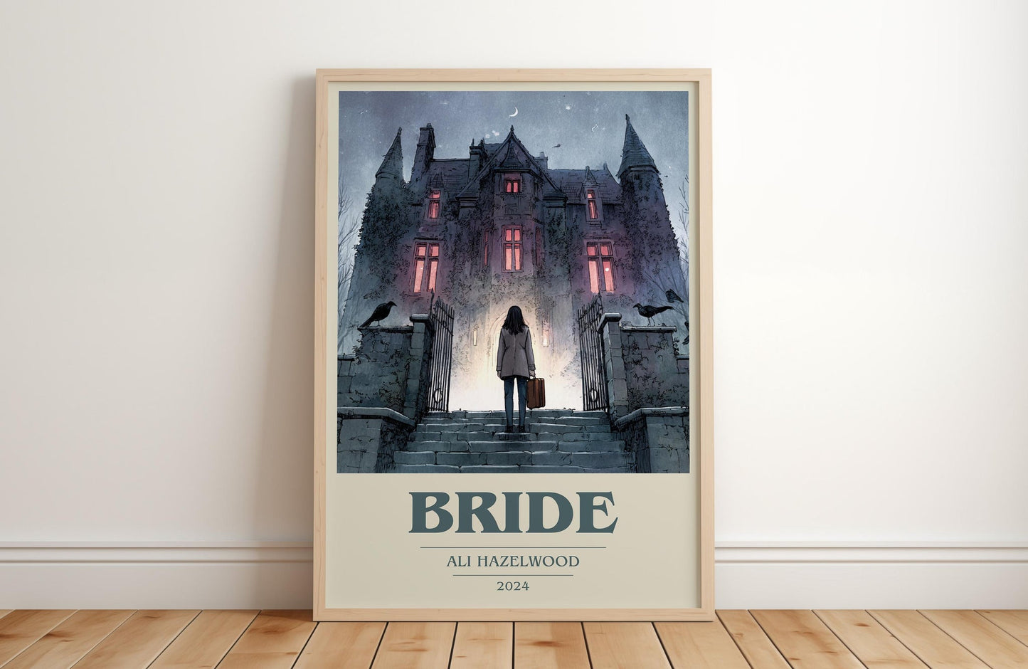 Bride book cover print in frame leaning in hallway – romance wall art