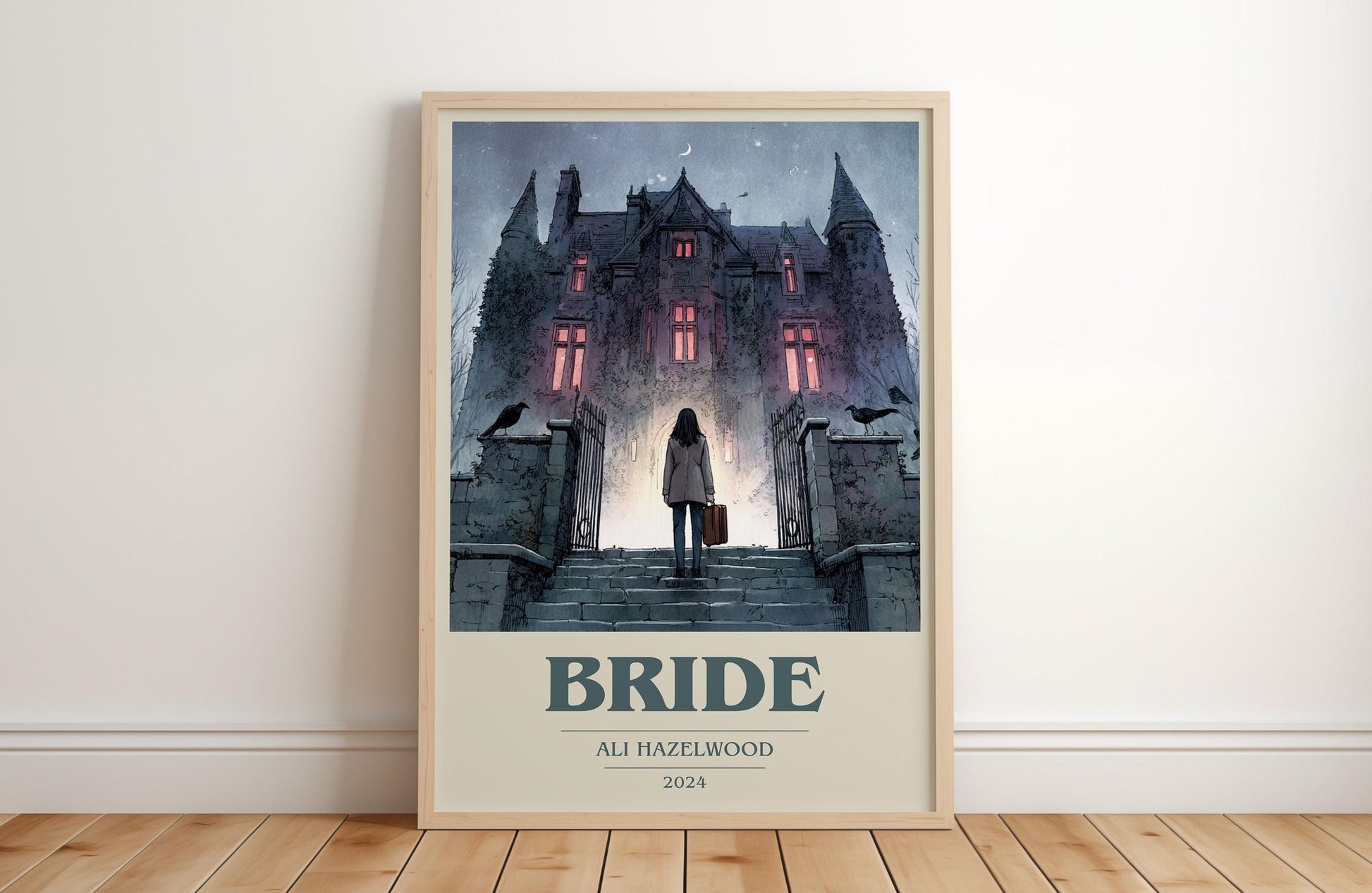 Bride book cover print in frame leaning in hallway – romance wall art