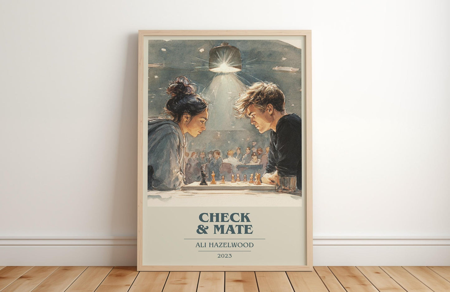 Check & Mate book cover print in frame leaning in hallway – romance wall art