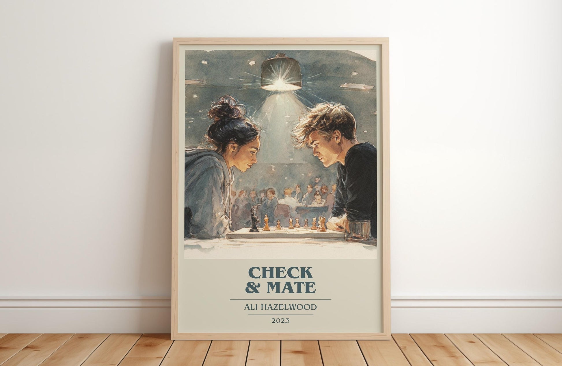 Check & Mate book cover print in frame leaning in hallway – romance wall art