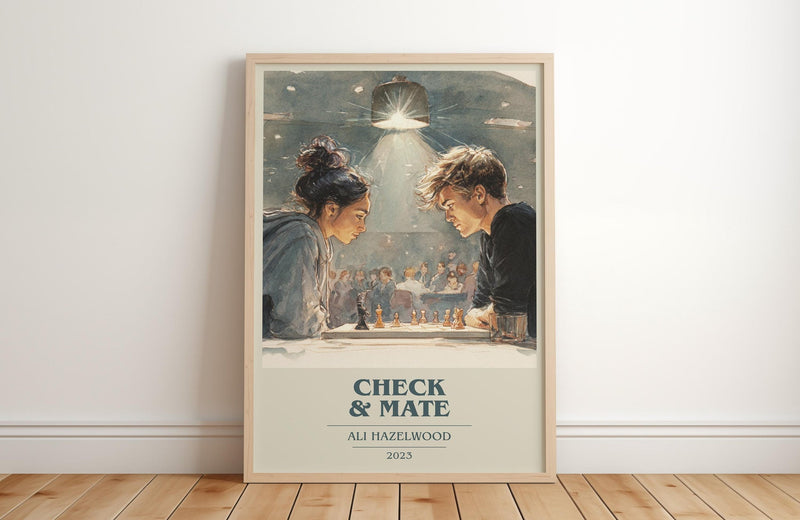 Check & Mate book cover print in frame leaning in hallway – romance wall art