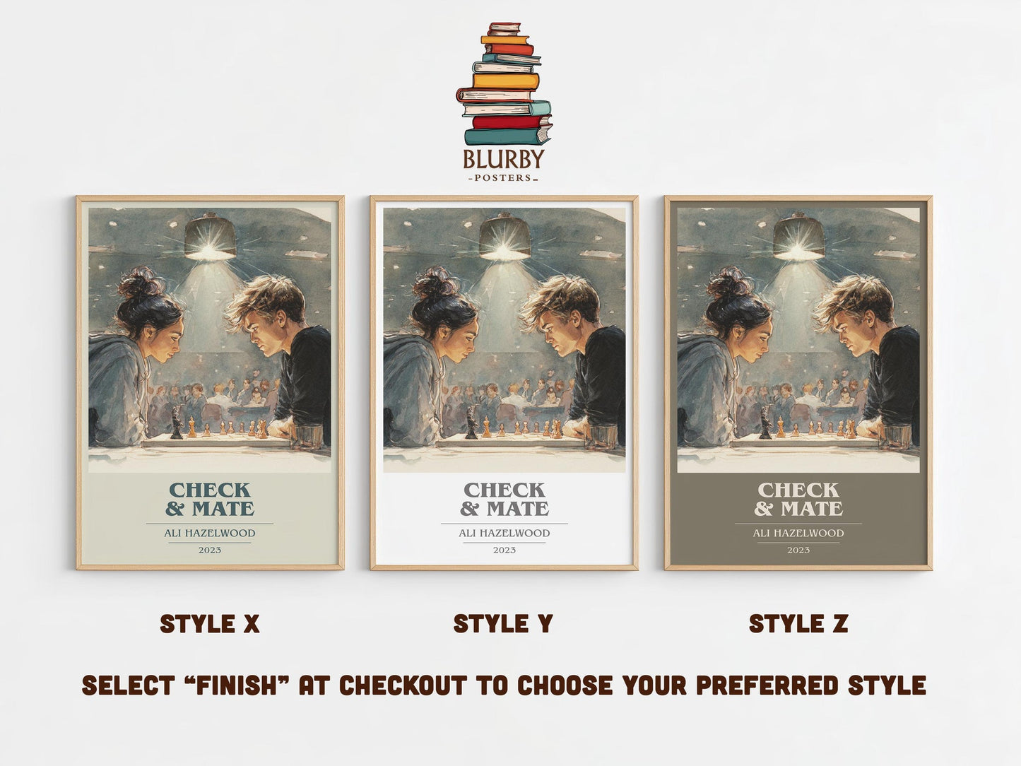 Check & Mate book cover poster colour and style options – Ali Hazelwood book art