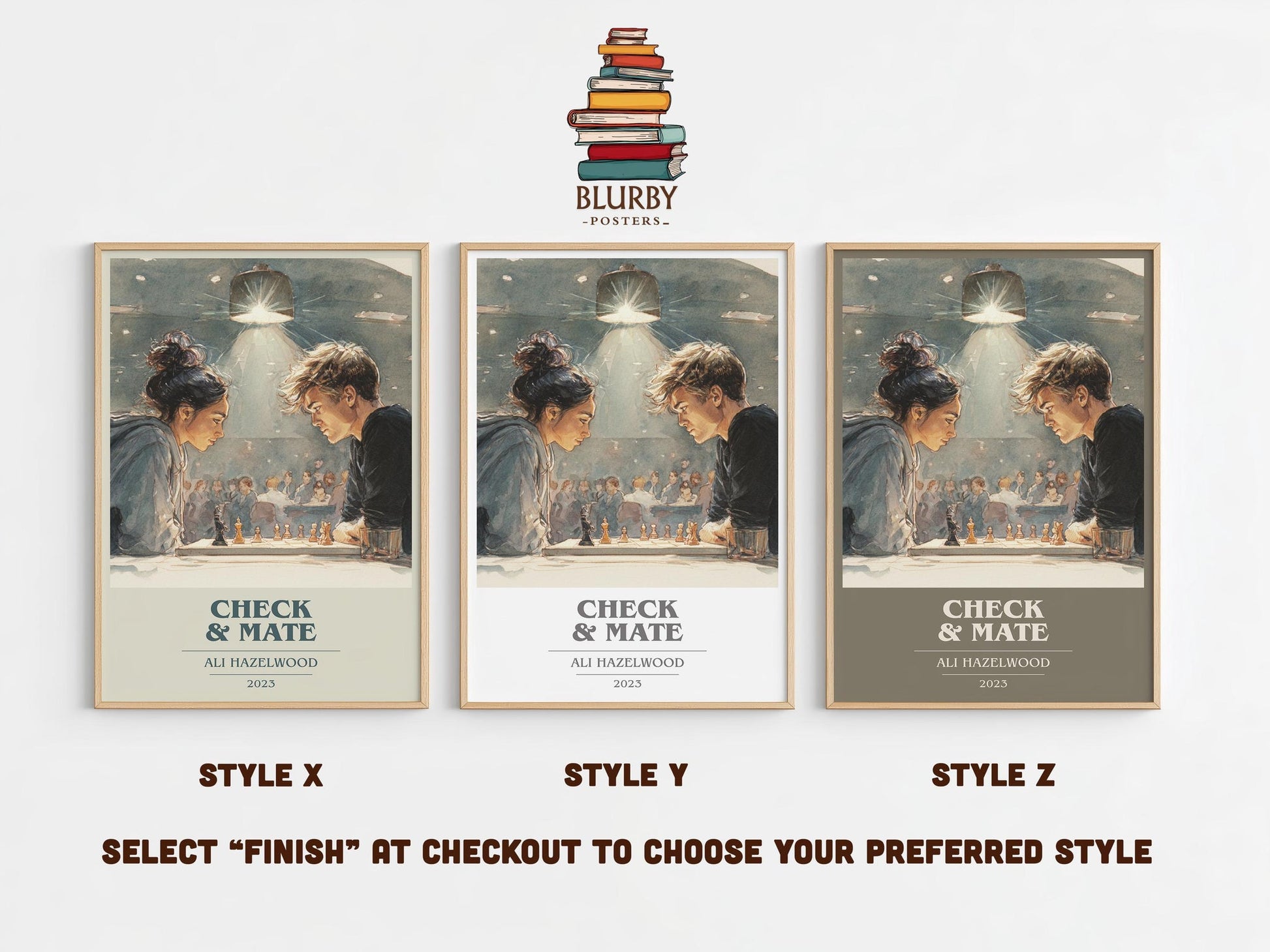 Check & Mate book cover poster colour and style options – Ali Hazelwood book art