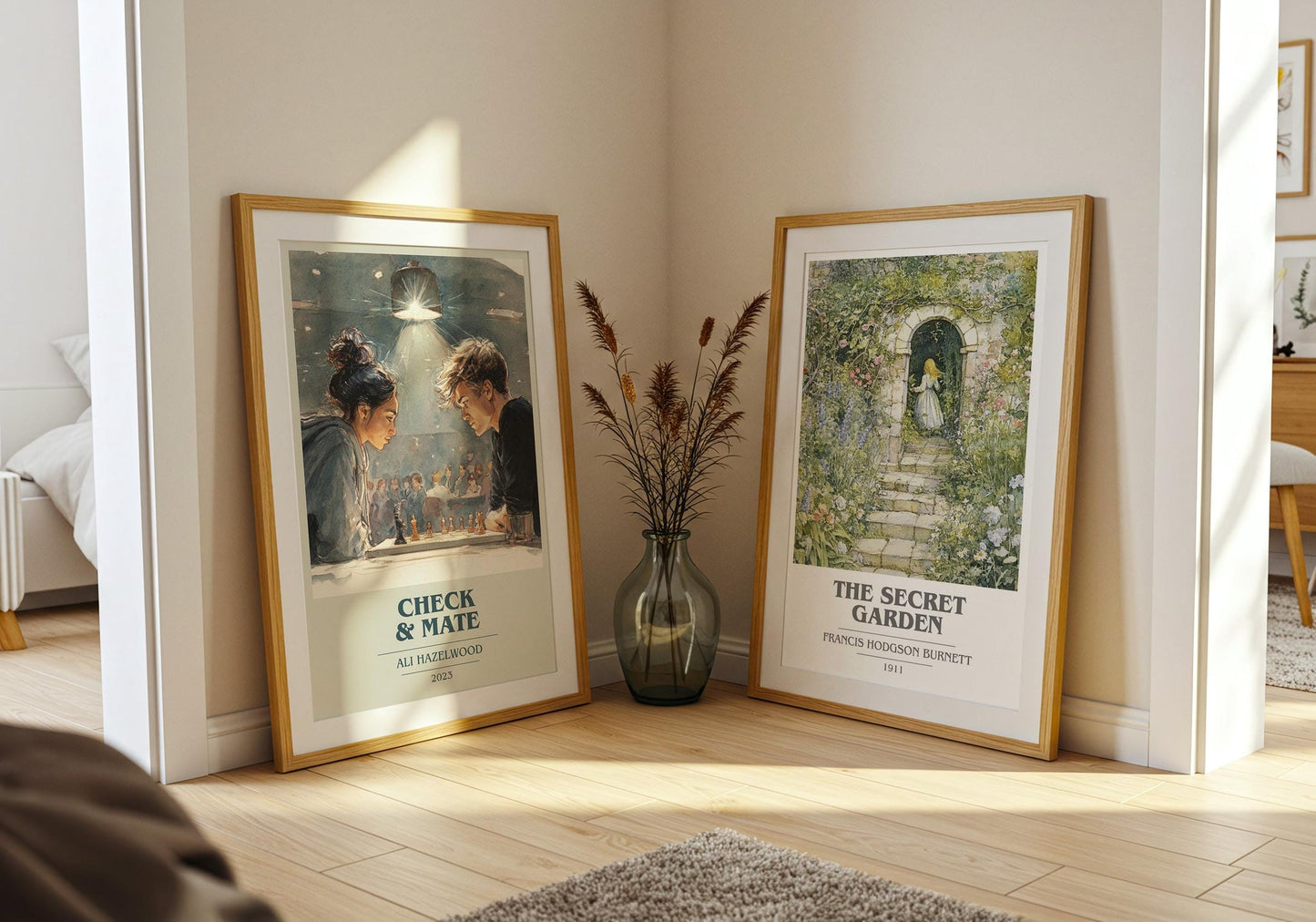 Check & Mate book cover poster paired in gallery wall – literary art prints