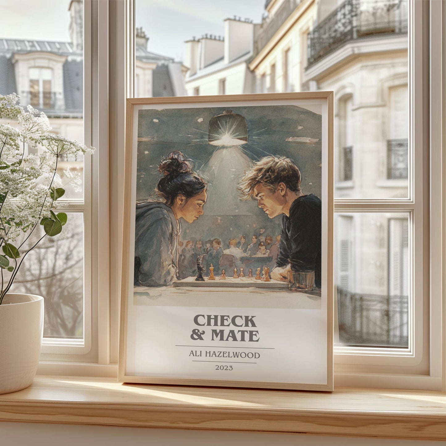 Check & Mate book cover print framed by window – literary home decor