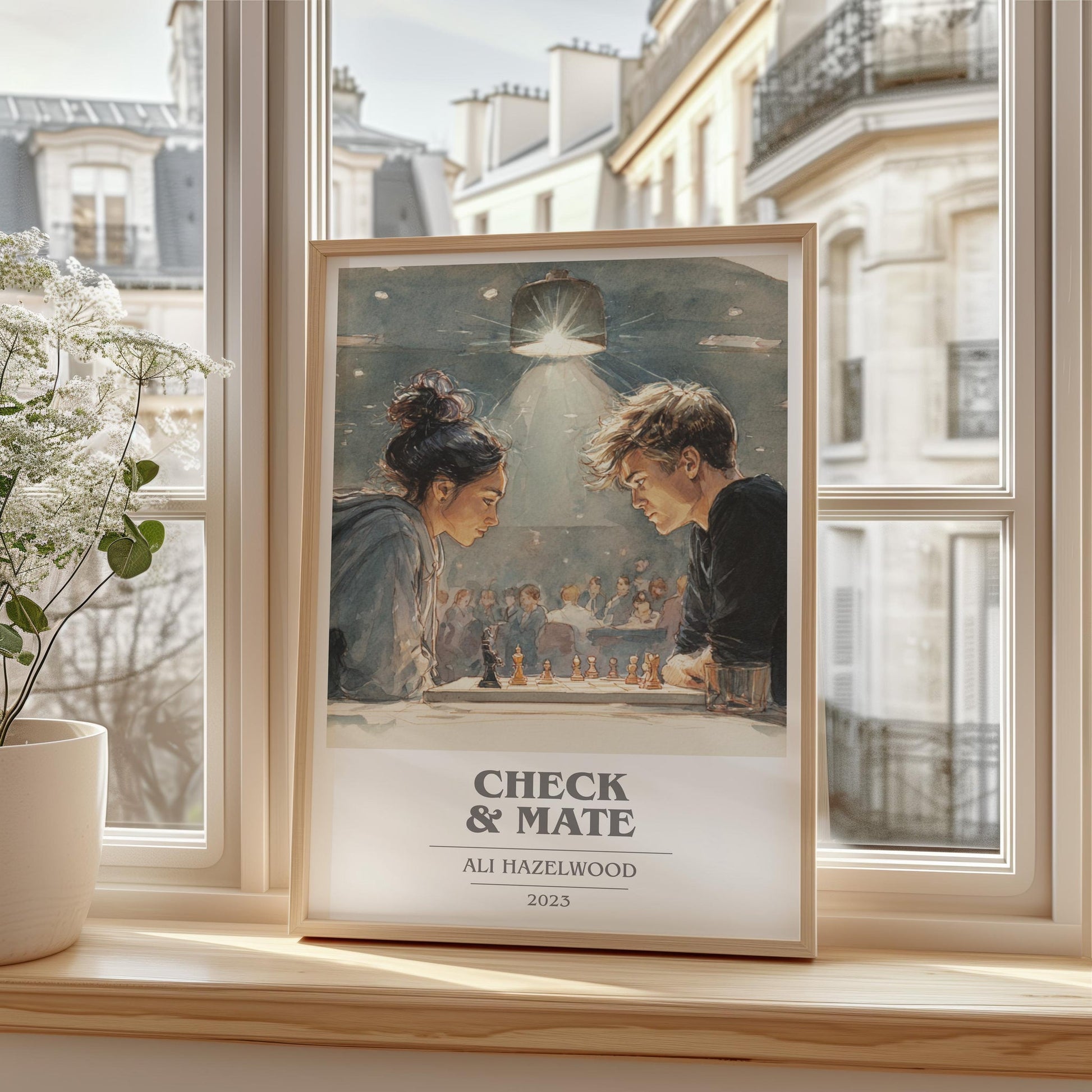 Check & Mate book cover print framed by window – literary home decor