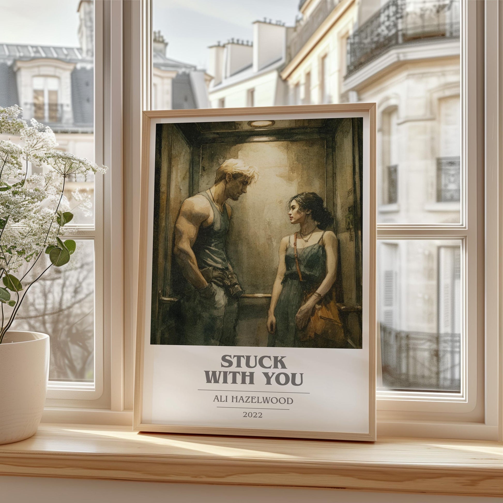 Stuck with You book cover print framed by window – literary home decor