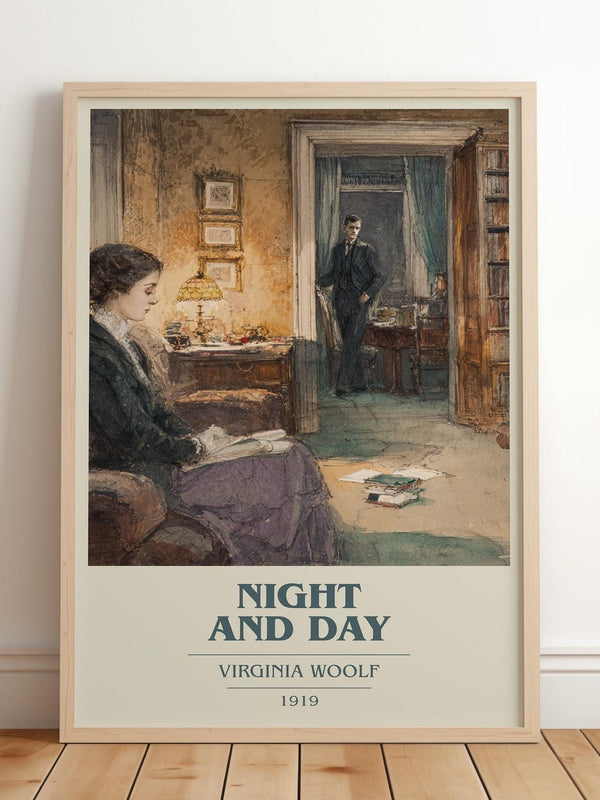 Night and Day book cover print in frame leaning in hallway – classic literature wall art