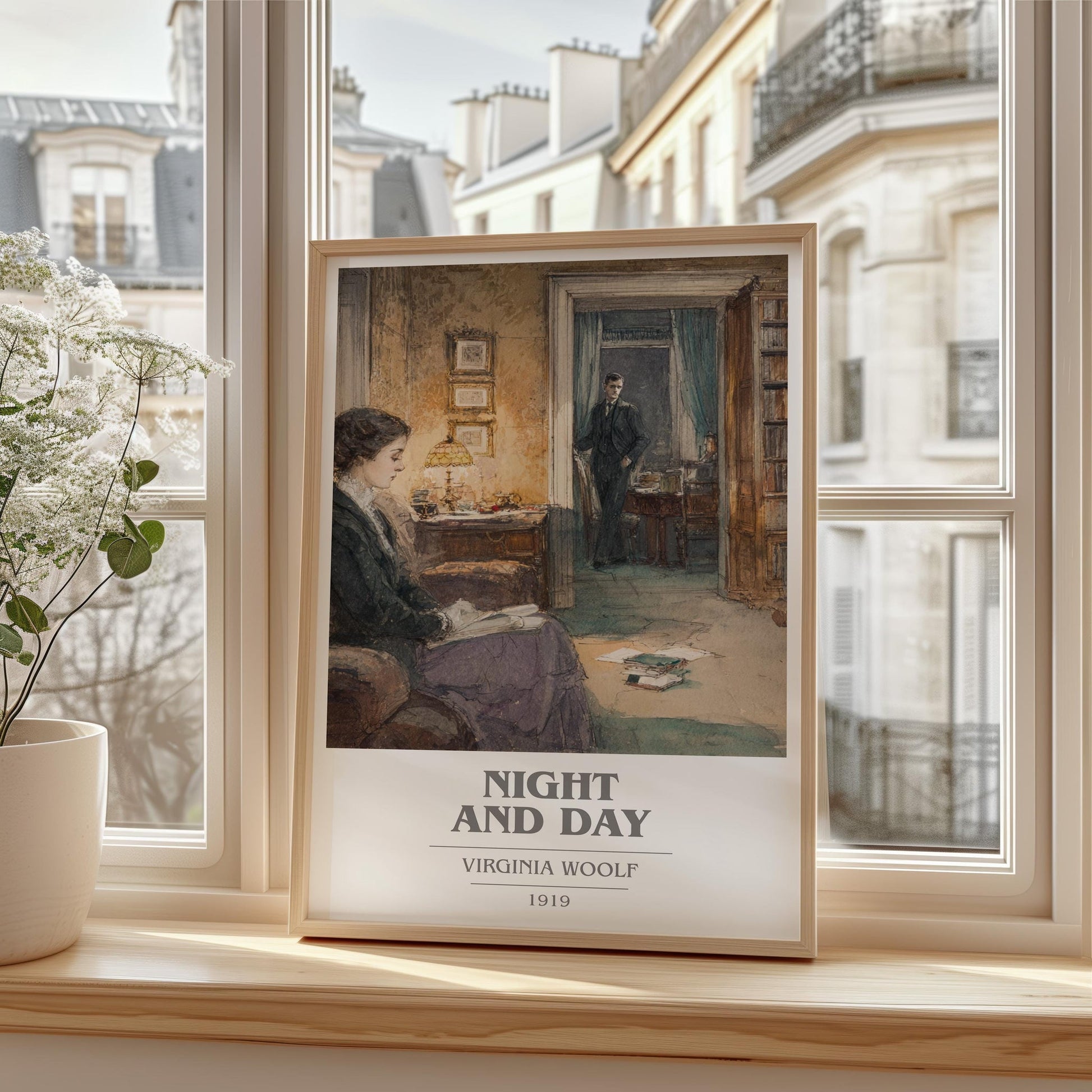Night and Day book cover print framed by window – literary home decor