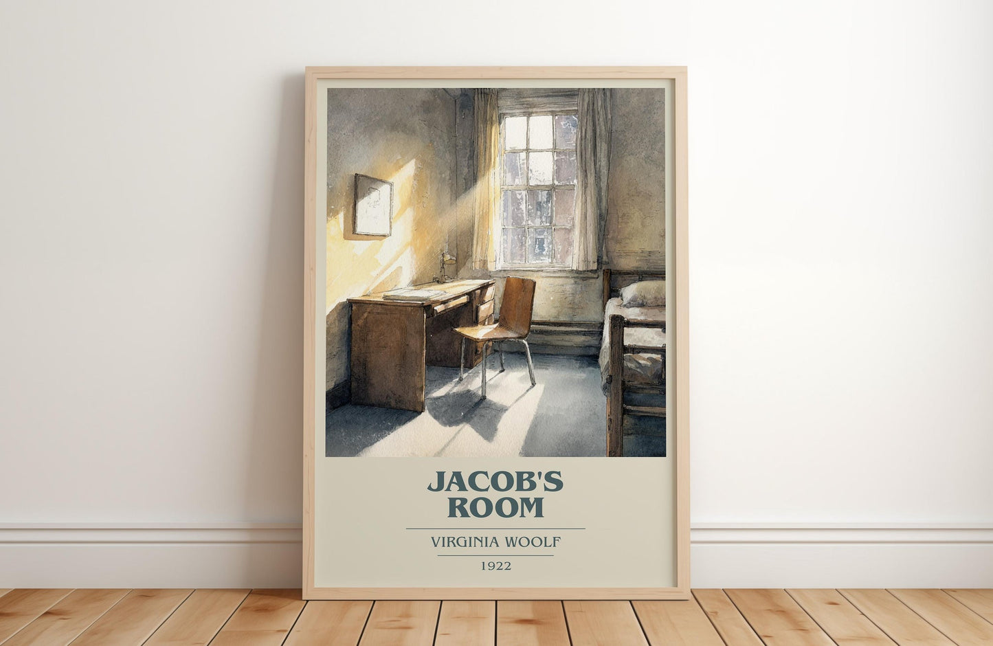 Jacob's Room book cover print in frame leaning in hallway – classic literature wall art