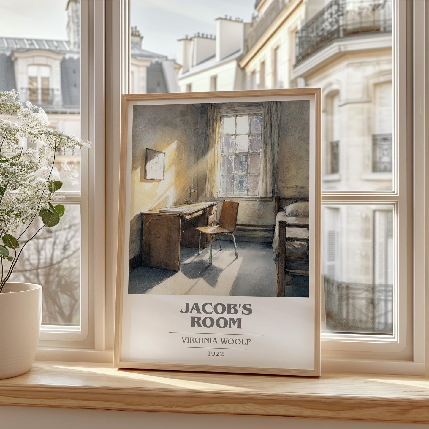Jacob's Room book cover print framed by window – literary home decor