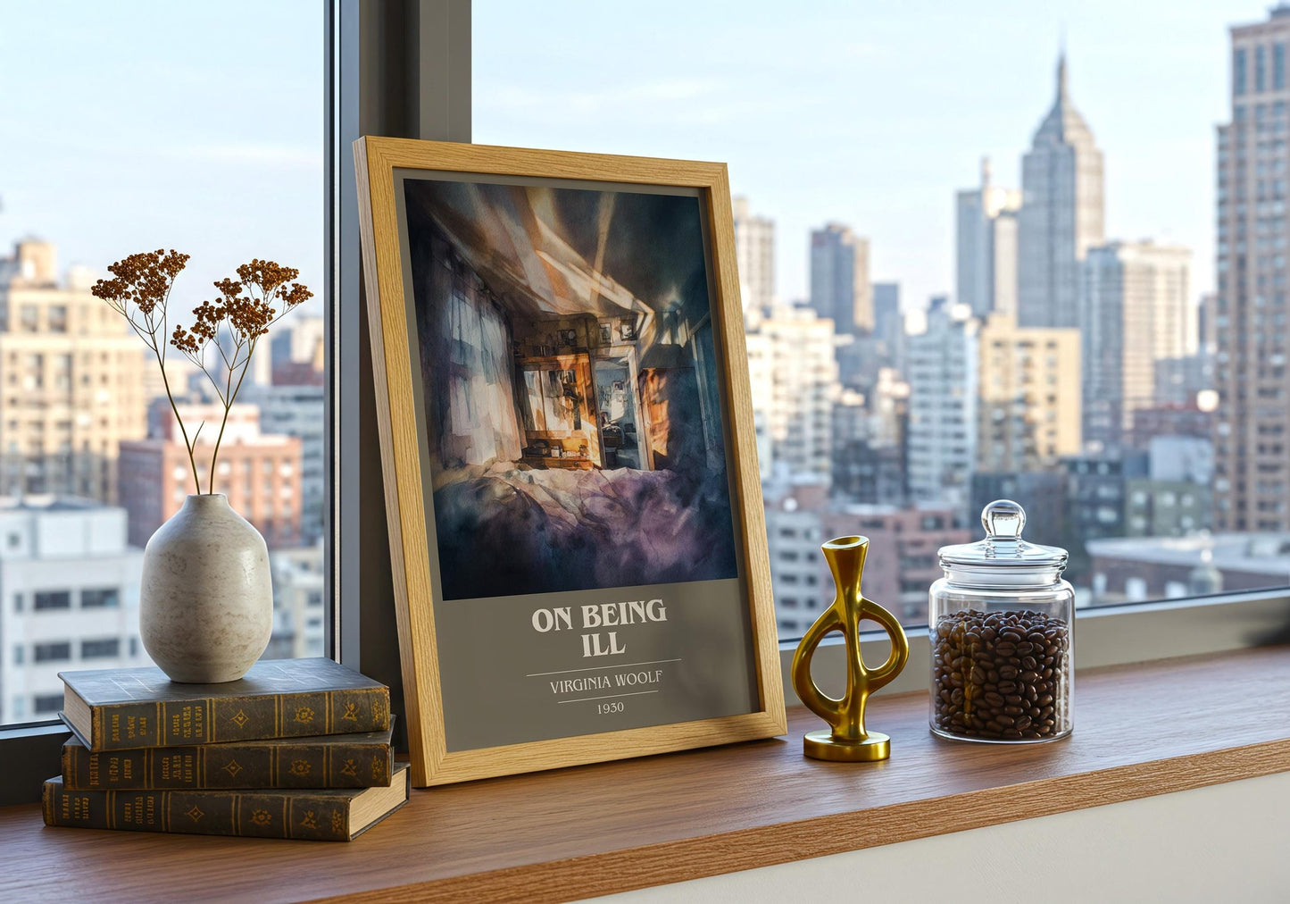 On Being Ill book cover print on bookshelf – Virginia Woolf fan gift