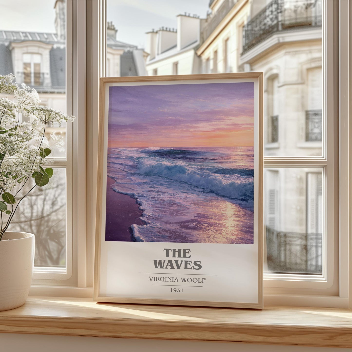 The Waves book cover print framed by window – literary home decor