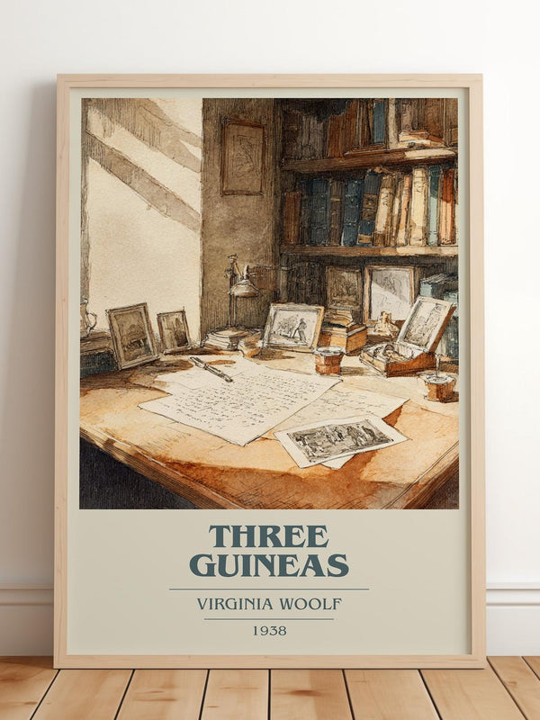 Three Guineas book cover print in frame leaning in hallway – classic literature wall art